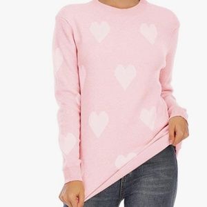 New Women's Heart Sweater Crewneck Pullover Stretch Knit Cute Pink White Small